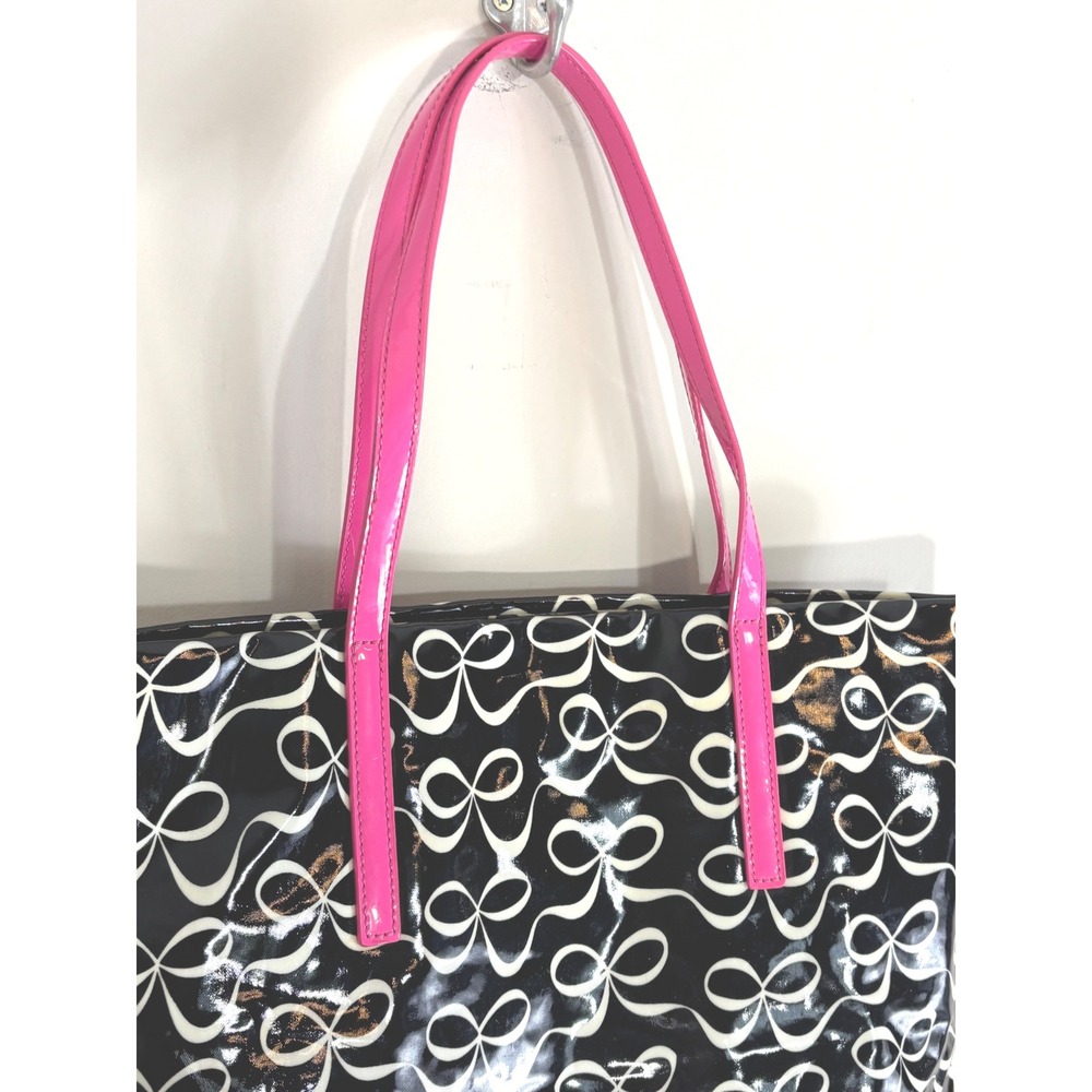 Kate Spade Bon Shopper Tote Bag Black White Bow Print Pink Handles WKRU3238 - Picture 5 of 8